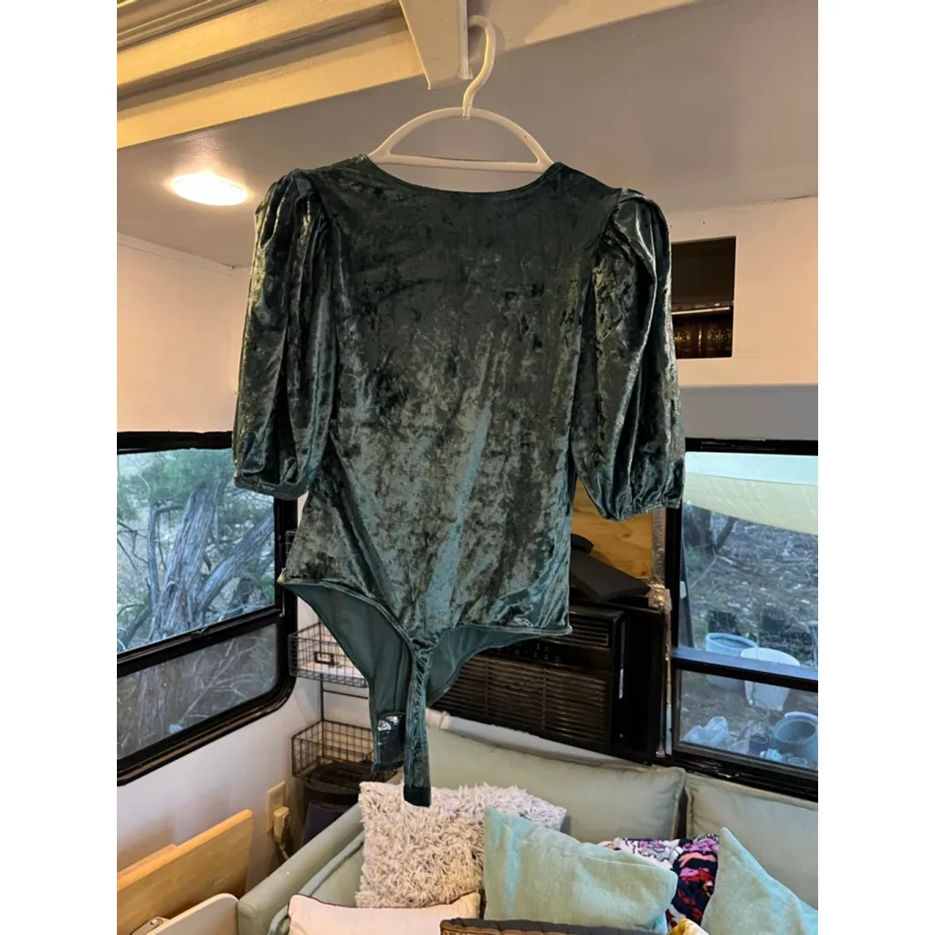 Women's Free People Teal Velvet V-Neck Bodysuit S - Image 4