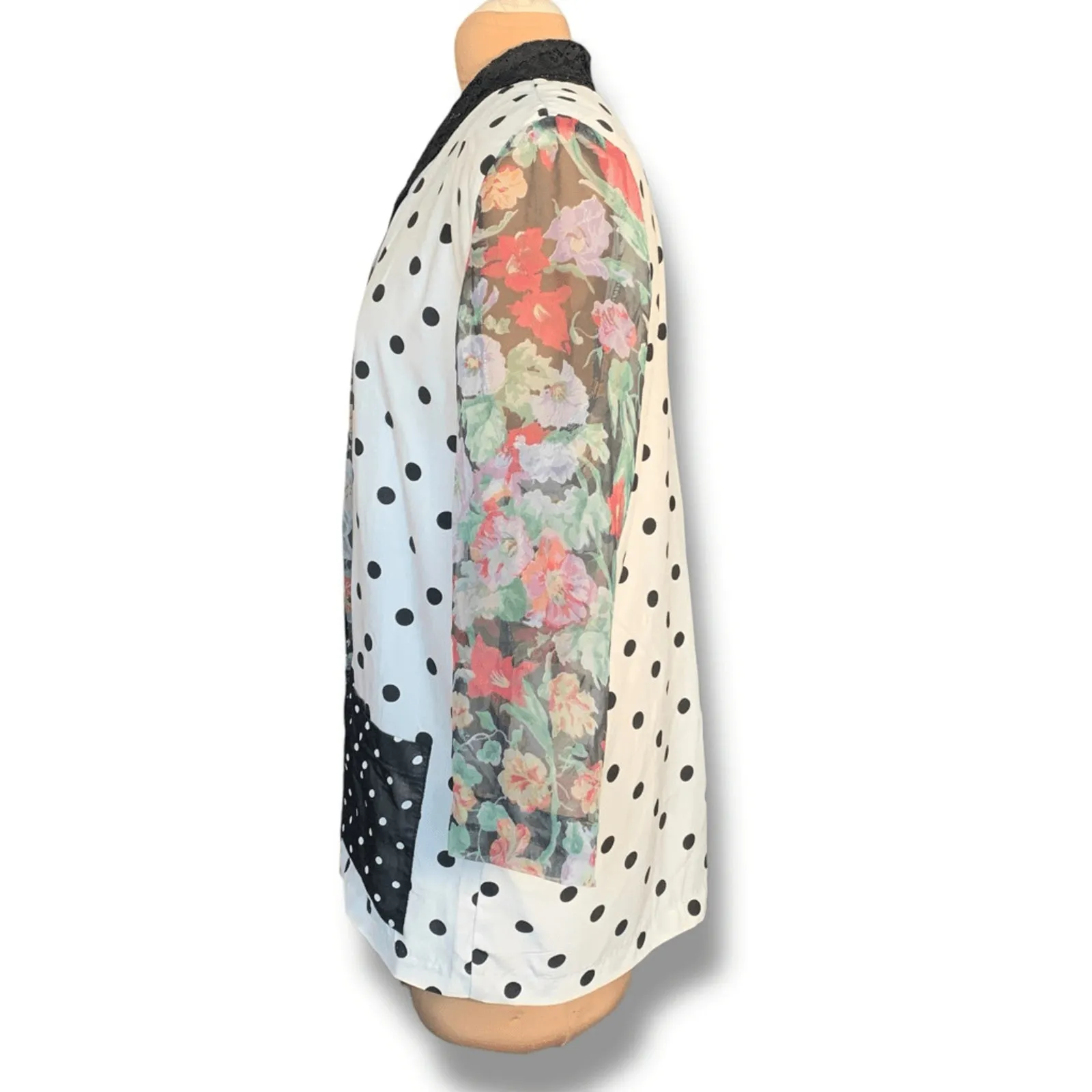 Vintage 90s Patchwork Polka Dot Floral Blazer Sheer Sleeve Lace Collar Oversized Black Size L - Image 7