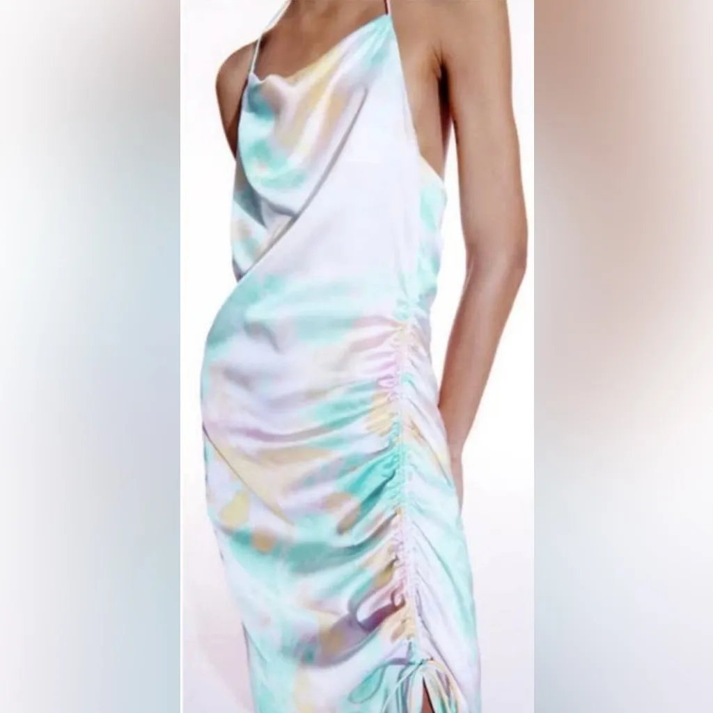 ZARA Pastel Tie-Dye Satin Side Ruched Midi‎ Slip Dress Size Small Insta Fav NEW - Image 3
