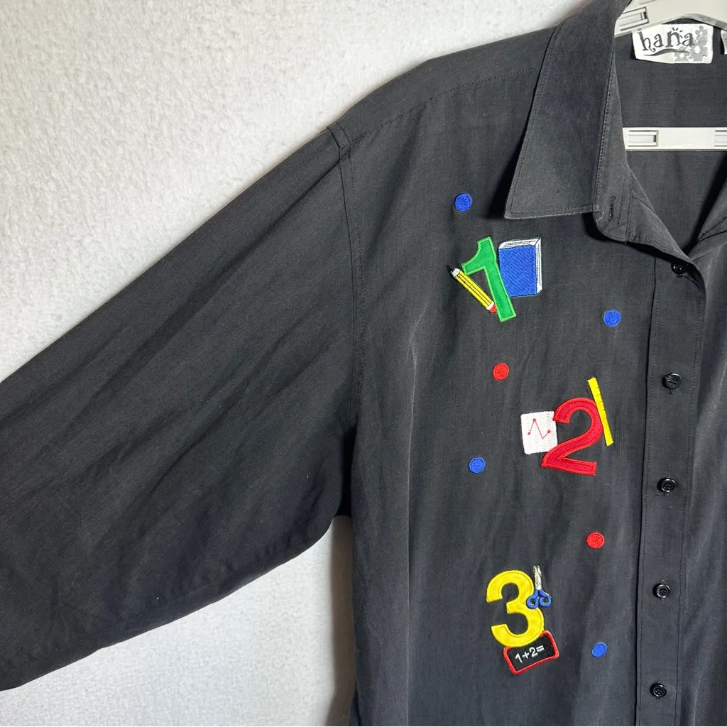 Hana Teacher Themed Top Womens XL Black Embroidered School Supplies ABC 123 - Image 3