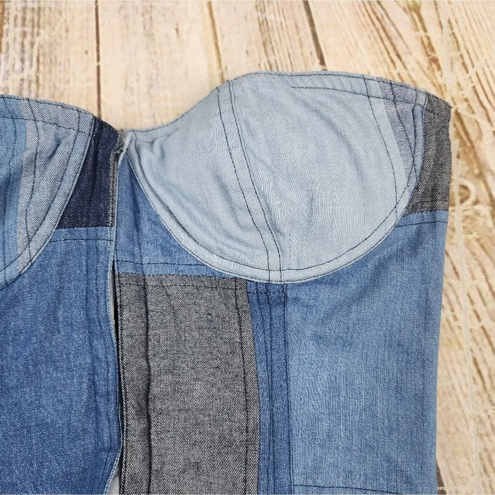 Love the Label Valeria Corset Top in Denim Patchwork Blue Size Small Strapless - Image 6