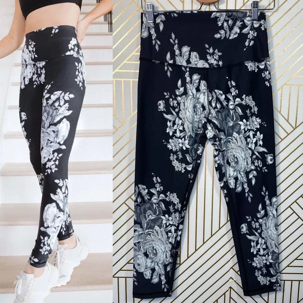 Albion Leggings High-Waisted Cropped Antigua Slate Floral Print Gray Size Small‎ - Image 2