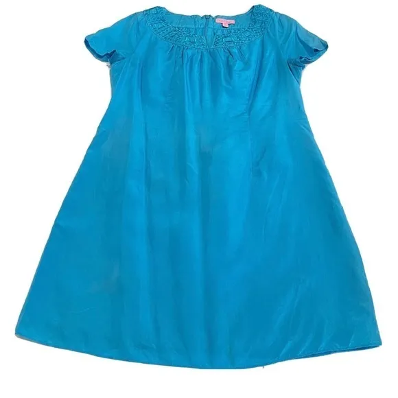 Lilly‎ Pulitzer Teal Blue Geometric Embroidery Short Sleeve Silk Dress MEDIUM - Image 2
