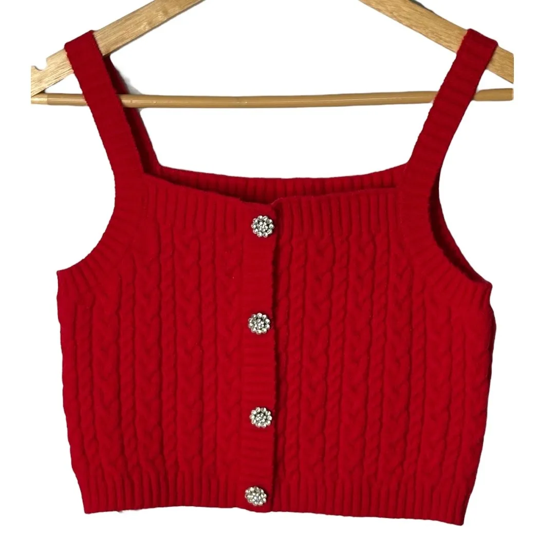 Papaya Red‎ Cable Knit Crop Top Jeweled Button Sleeveless Tank Women Size Small - Image 2