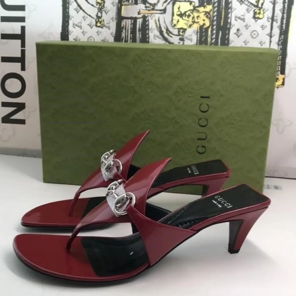 New Authentic Gucci Horsebit Kitten Heel Flip Flop – Red/Silver - Image 4