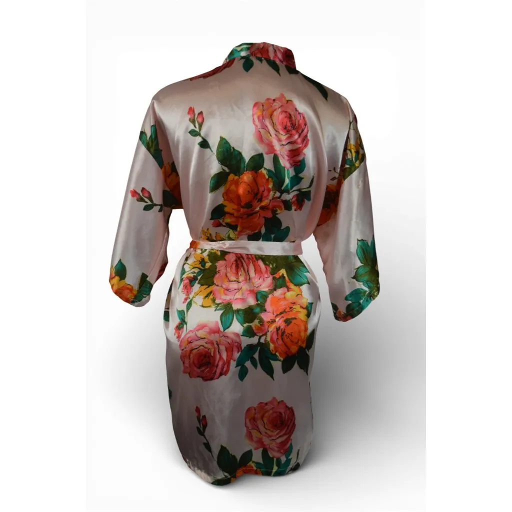 Floral Satin Robe Kimono Style Pink Orange Roses OSFM Lightweight Tie Waist Size undefined - Image 2