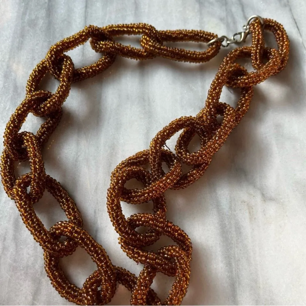 Vintage 70s Glass Seed Bead‎ Chain Link Necklace Brown Beaded Boho Statement Size 27 - Image 7