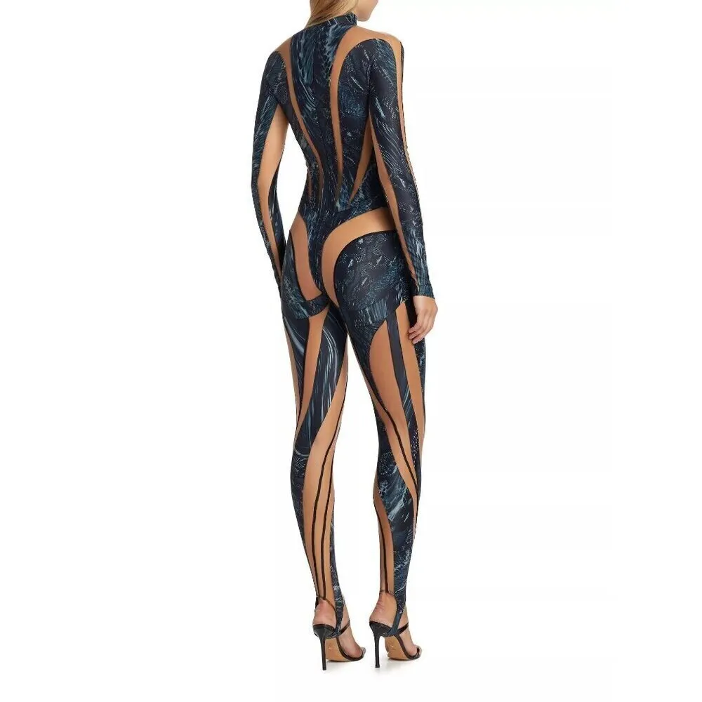 MUGLER Womens Long Sleeve Jumpsuit in Warped Snake Black Nude 34 New Catsuit Size undefined - Image 13