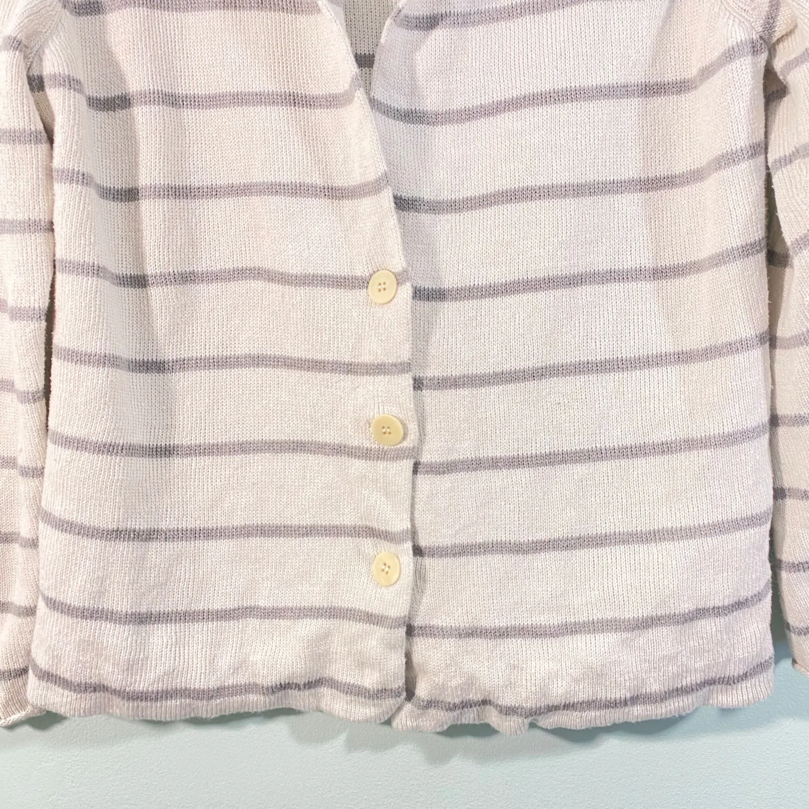 Eileen Fisher White & Grey Striped Cotton V-neck Blazer Style Cardigan Size PM - Image 3