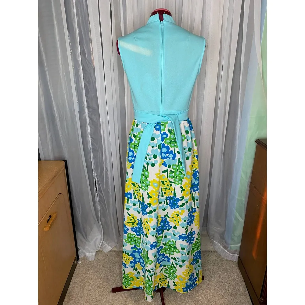 Dress 1960s maxi flower power blue yellow green Size 12 - Image 4