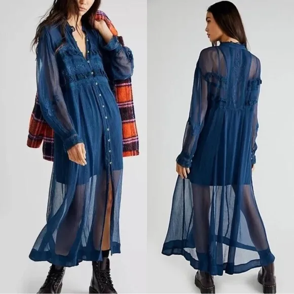 NWT Free People Amelia Lace Maxi Dress Teal Blue Small - Image 2