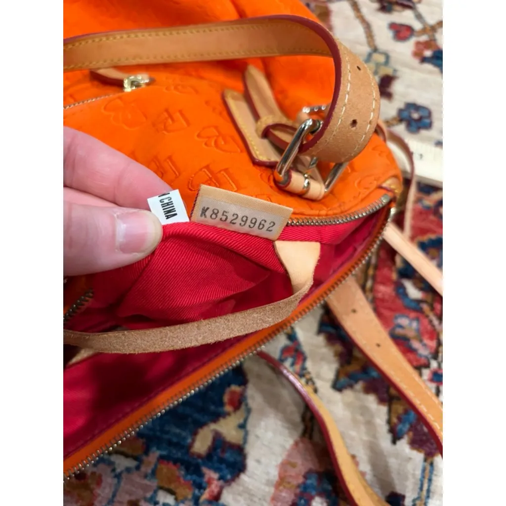 Dooney & Bourke Orange DB Logo Jacquard Satchel Bag Leather Trim Medium Purse - Image 14