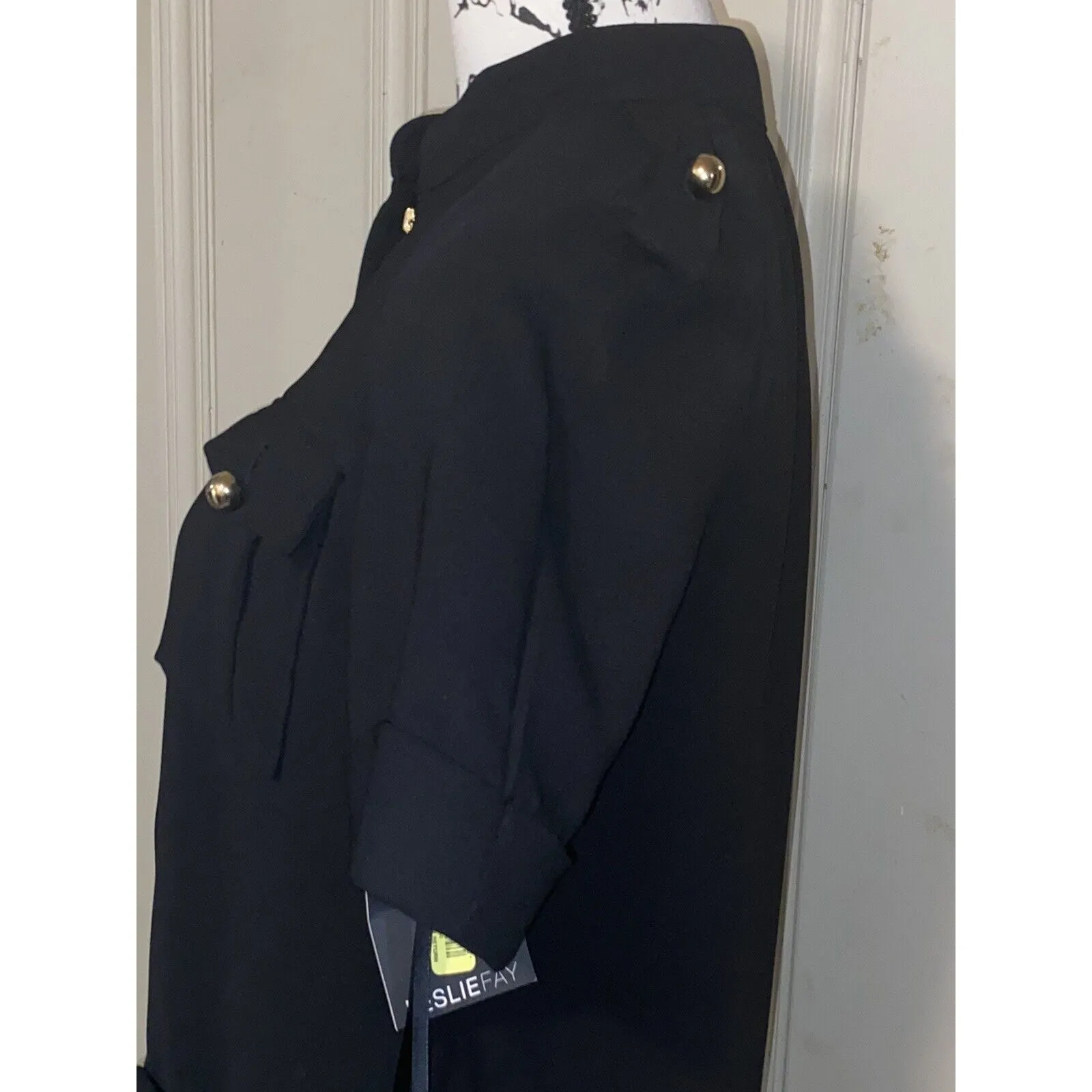 Leslie Fay Women's Front Zip Gold Detailed Black Cap Sleeve Sheath Dress Sz 6 - Image 10