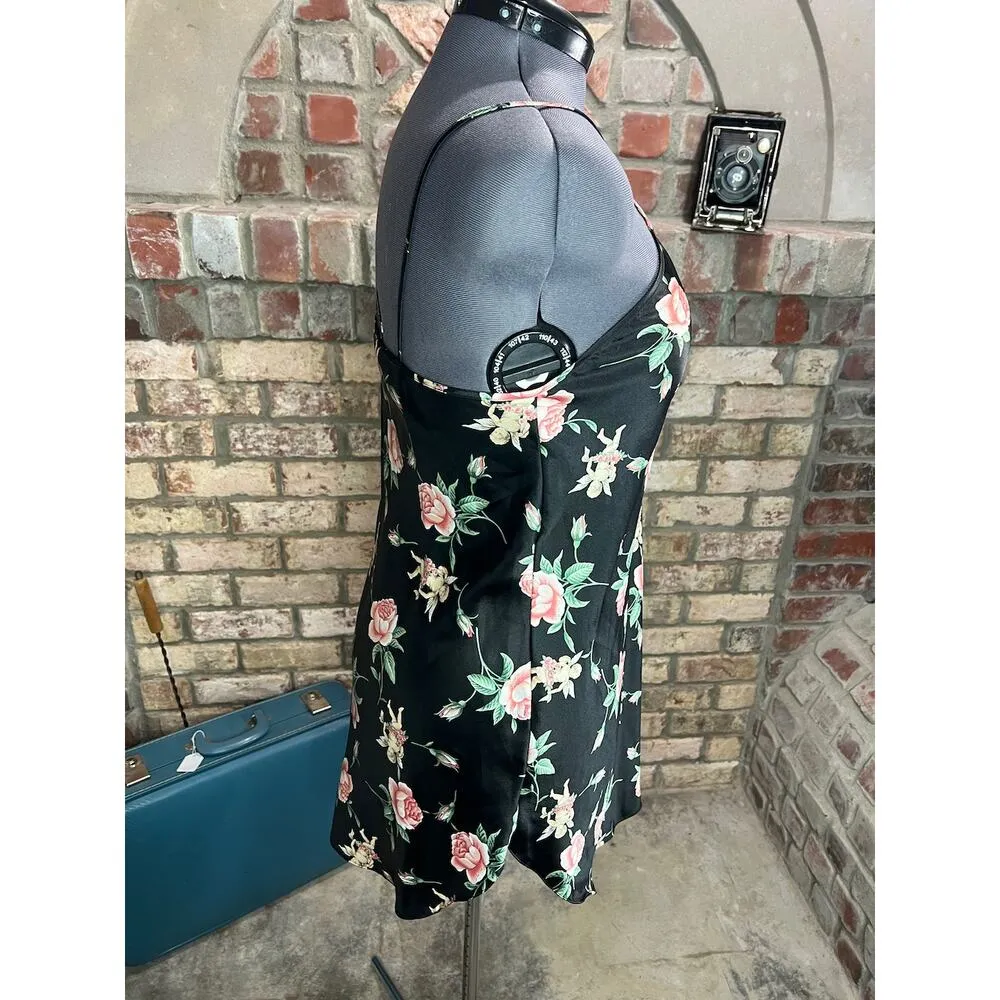 negligee nightgown satin floral roses cupid black pink green Size M - Image 6