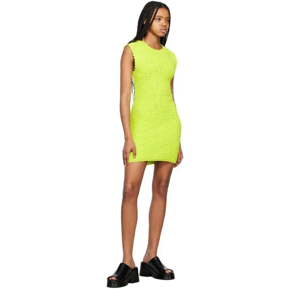 Ganni Velvet Crochet Open Back Mini Dress in Lime Punch Small New Womens Velour - Image 12