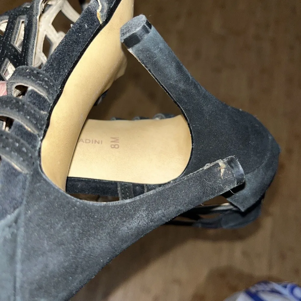 Adrienne Vittadini Caged Heels Gala Black Suede Leather Laser Cut Stiletto Sz 8 - Image 9