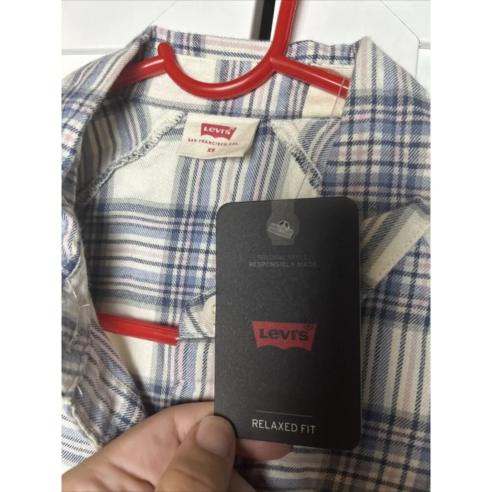 Levi's Flannel Long Sleeve Shirt Women's‎ Size XS Plaid Pink Blue White NWT - Image 2