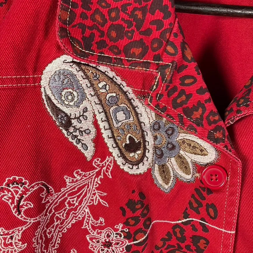 Denim&Co Red Leopard‎ Print Embroidered Button Up Jacket Womens Large - Image 8