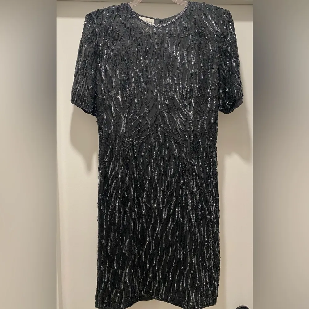 VTG 80s Stenay Black Sequin Formal Cocktail Party Above Knee Short Sleeve Dress Size 10 - Image 5