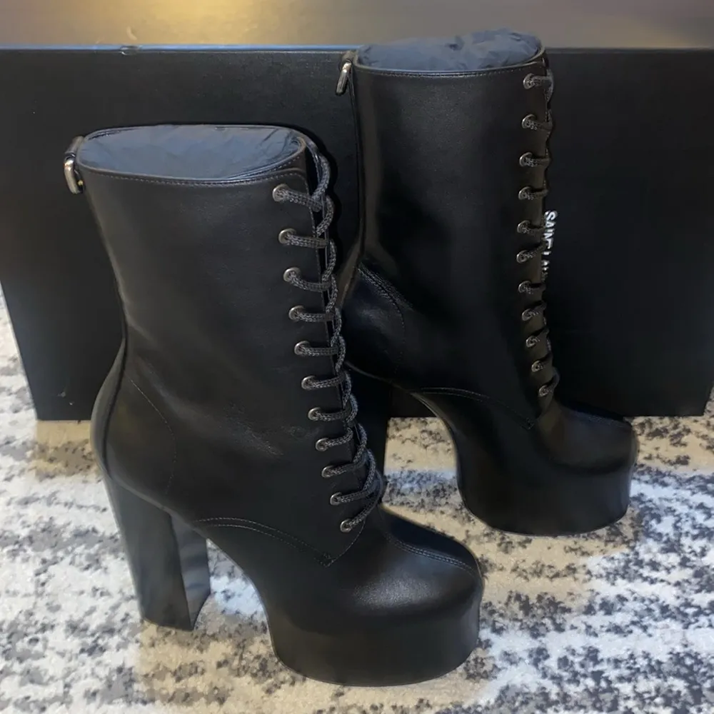 Saint Laurent Cherry Lace-up Platform Bootie in Smooth Leather - Image 2