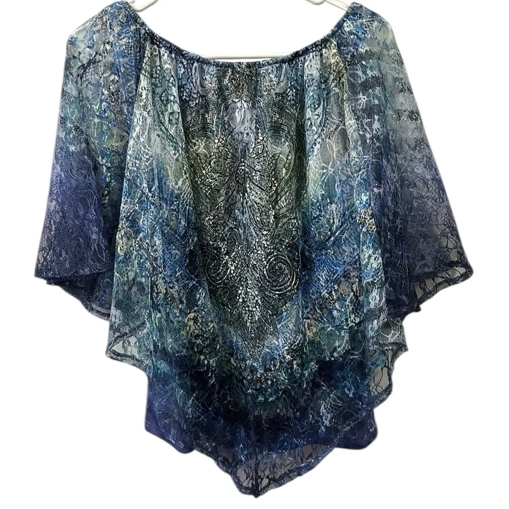 Live and Let Live Sleeveless Lace Overlay Cape Poncho Blouse Top Womens Medium Blue - Image 11