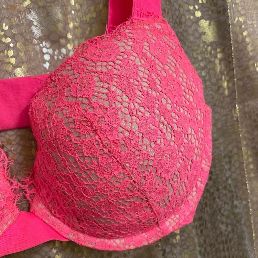 Victorias Secret Hot Pink Lace Very Sexy Push Up Thick Strap Bra, 34D - Image 3