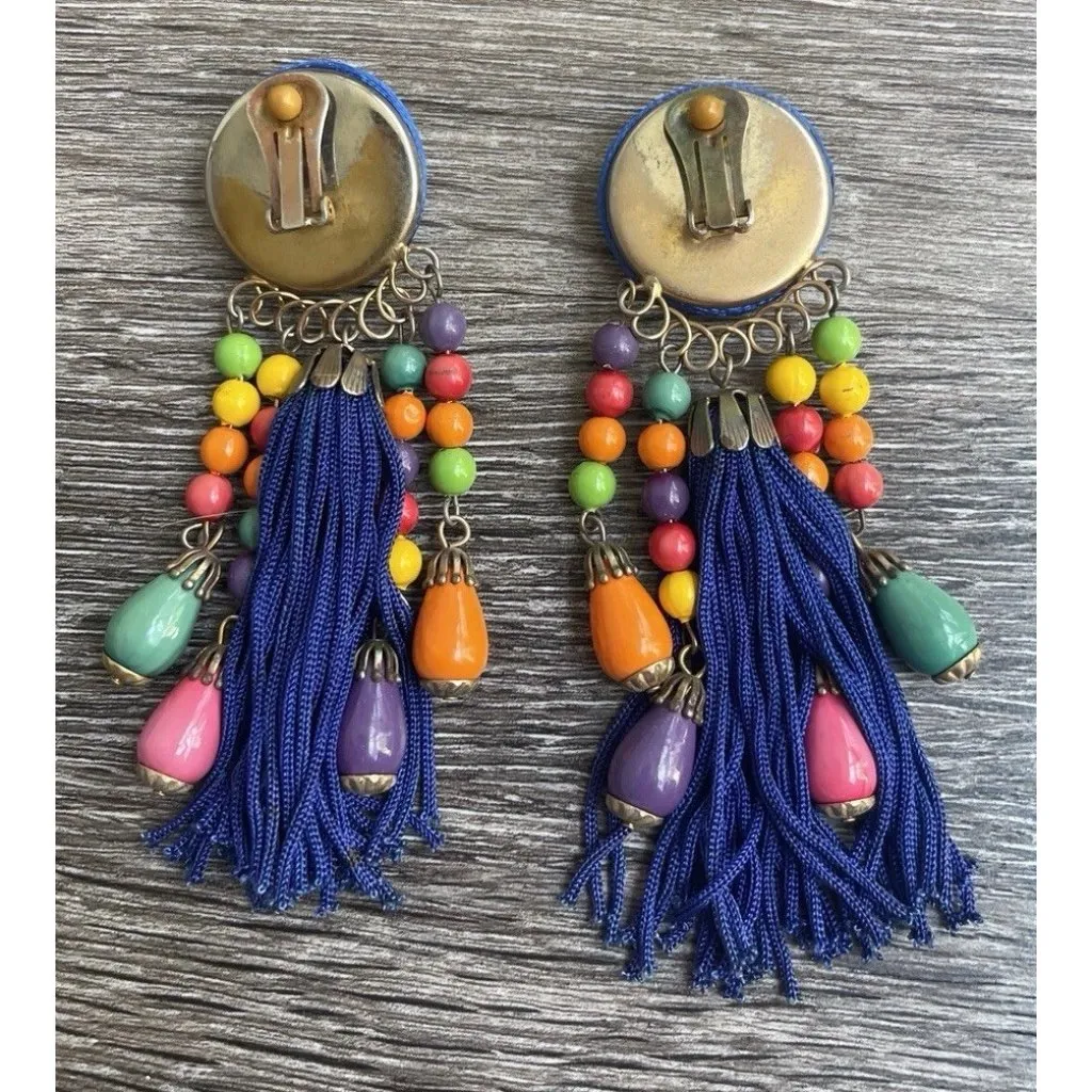Vintage Earrings Large Long Blue Multi Color Boho Circle Clip On Fringe 80s 90 - Image 8