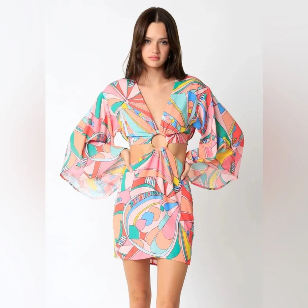 Groovy cutout mini dress long sleeve balloon o-ring bamboo go go satin go out - Image 2