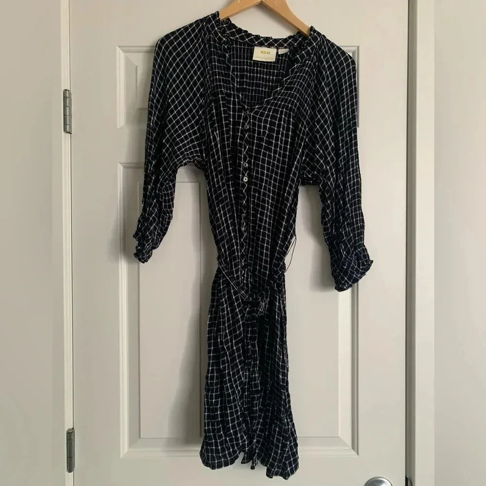 Anthropologie Maeve Sara Smocked Belted Tie-Waist Navy‎ Plaid Shirt Dress Small - Image 5