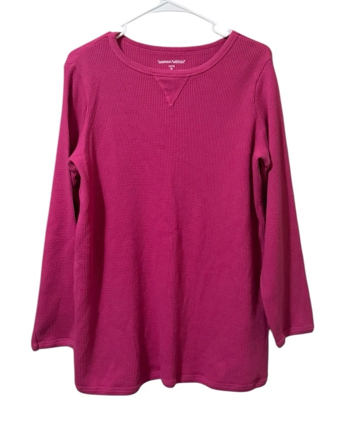 Woman Within Waffle Knit Shirt Long Sleeve Size M 14/16 Pink Cotton Blend Winter - Image 1