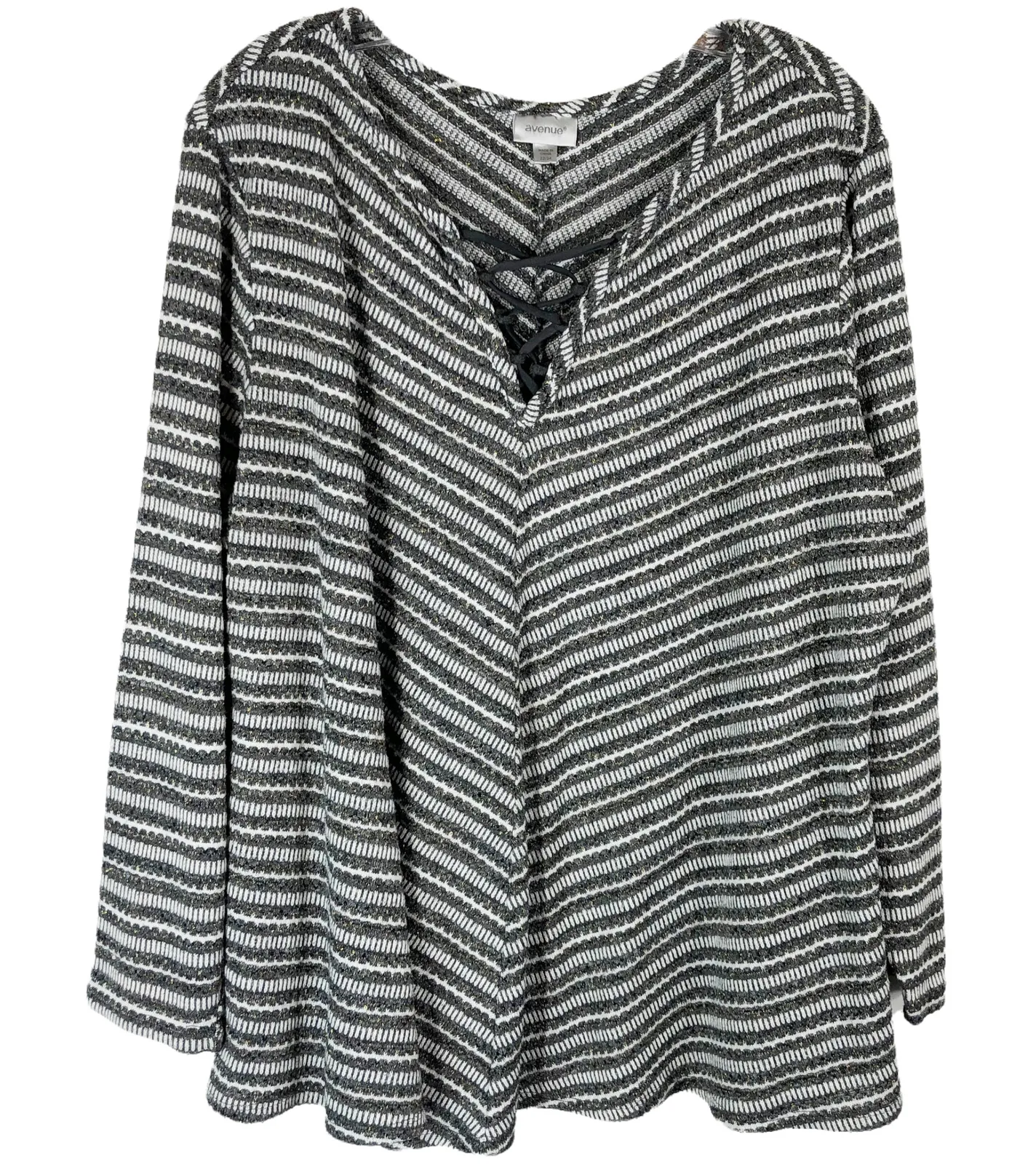 Avenue Plus Size 22 24 Sweater Top Gray Gold White Striped Lace Up V Neck 1272 - Image 1