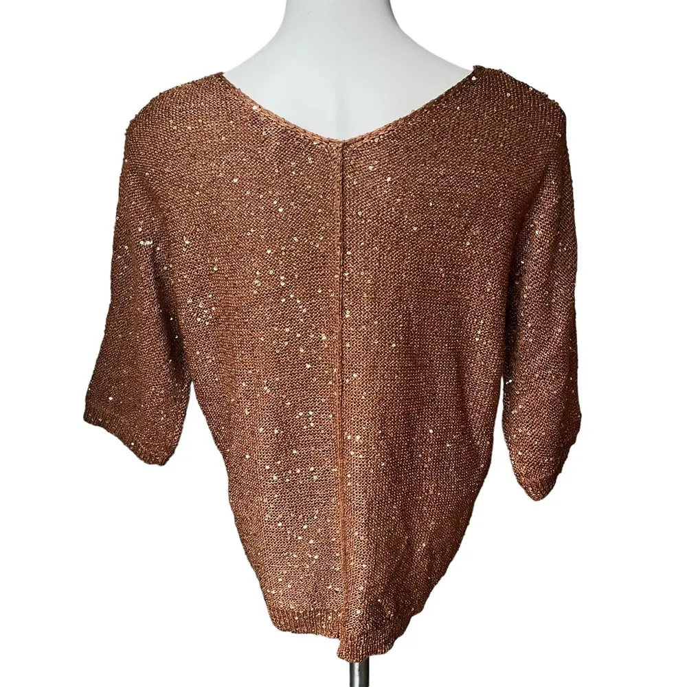 WD.NY Sparkly Sequins Brown & Gold Short Drop Sleeve V-Neck Sweater - Image 2