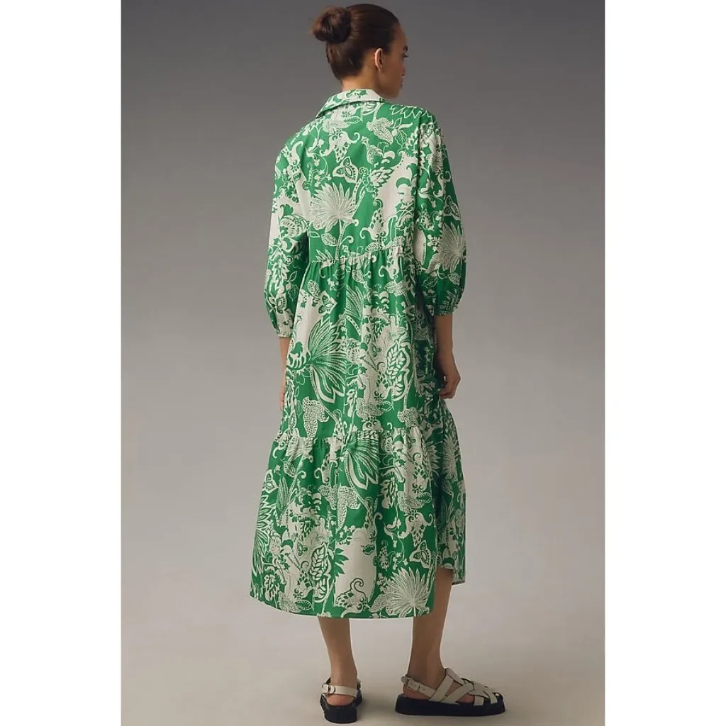 NWT Anthropologie Maeve Bettina in Green White Floral Cotton Shirt Dress L - Image 3
