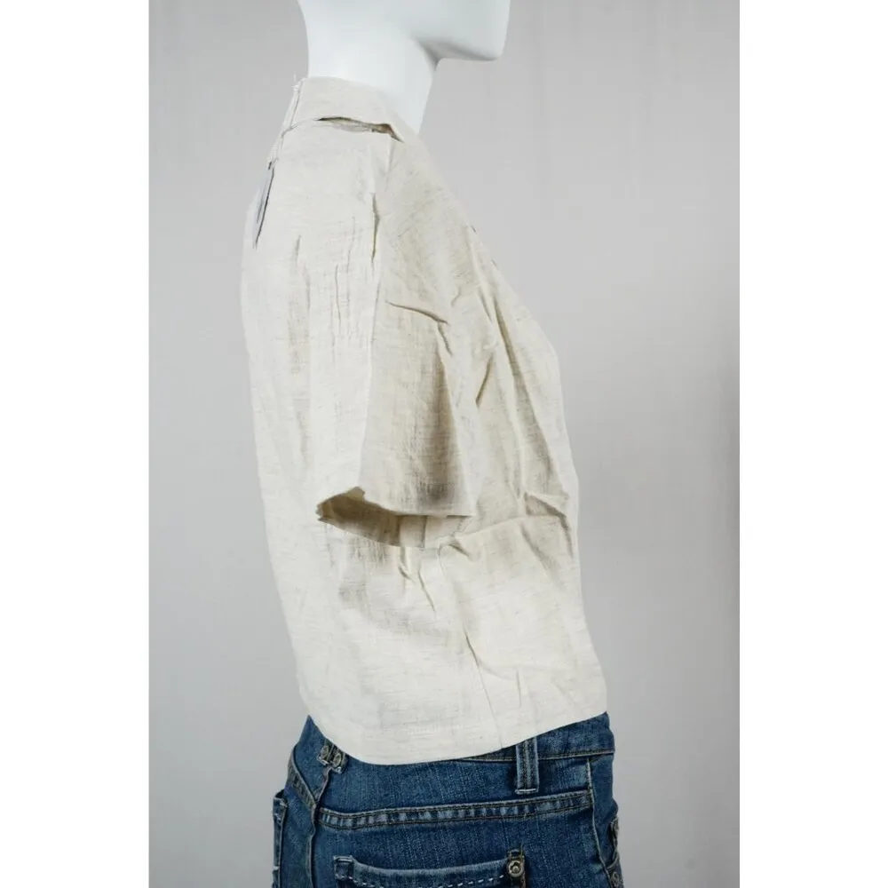 Paper Crane Biege Cream Linen Collared Button-up Crop Blouse Shirt Woman's SMALL - Image 4