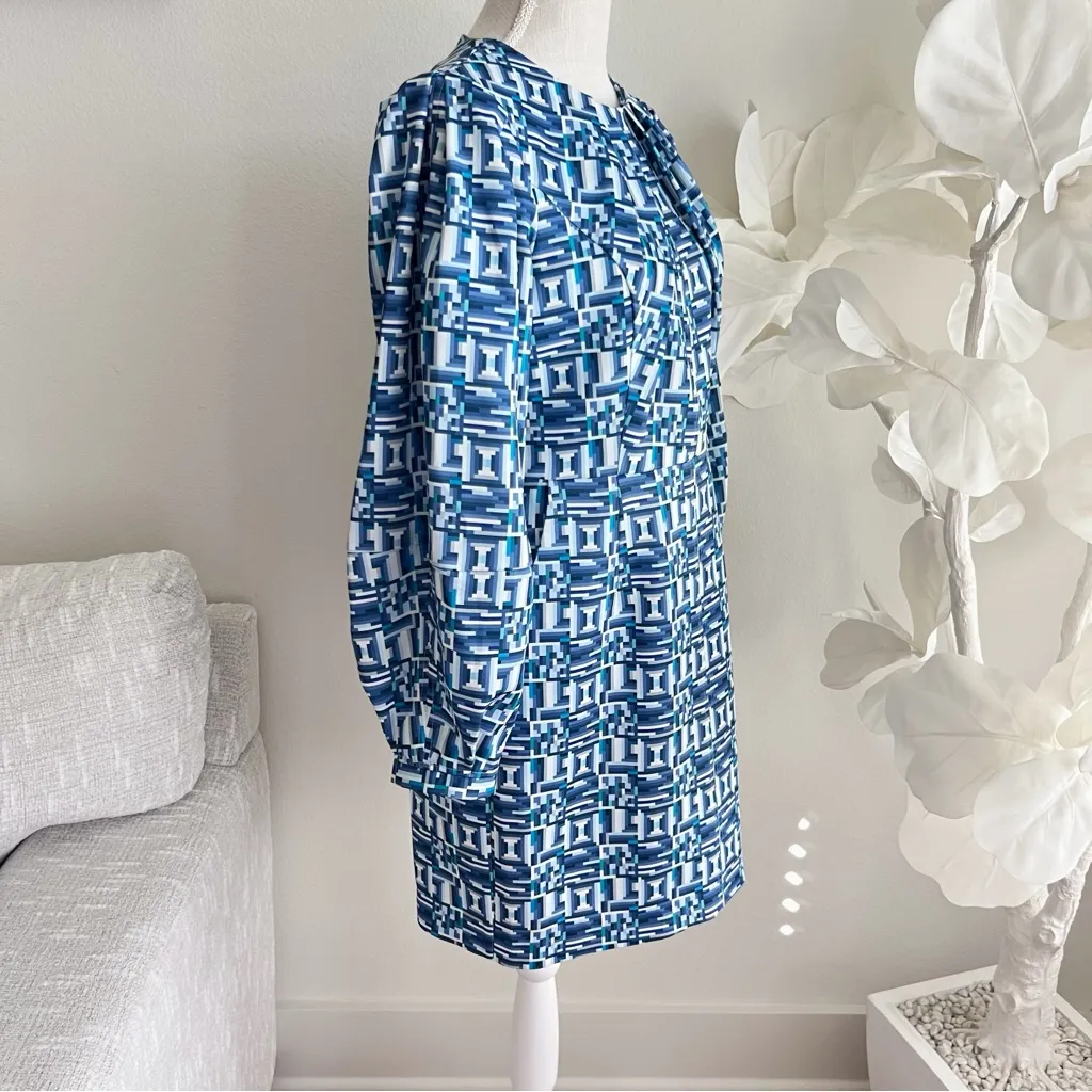 Toccin Blue Geometric Pattern Lantern Sleeve Shift Mini Dress Size 6 - Image 2