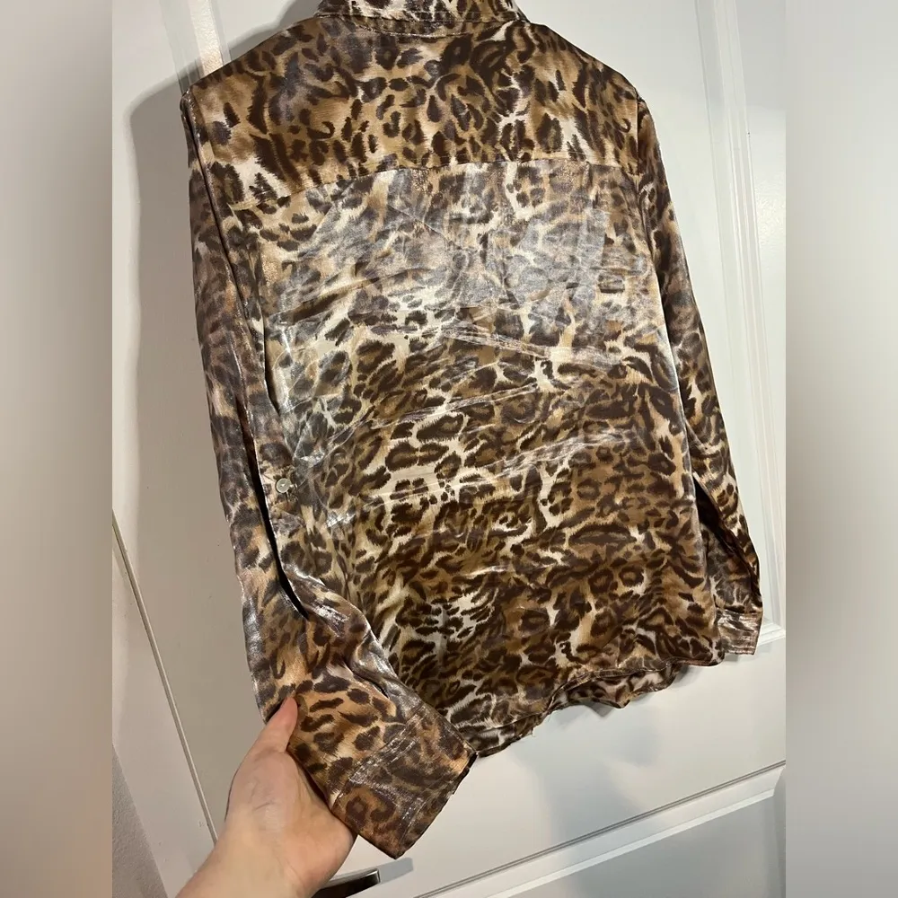 Ruby Rd. Womens Brown Leopard Print Roll Tab Sleeves Button Front Shirt Size 12 - Image 4