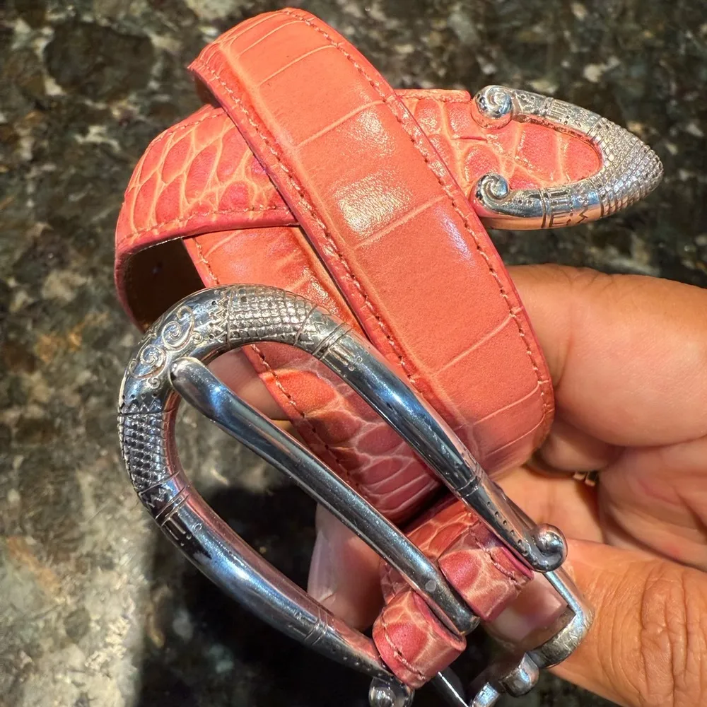 Brighton Coral Faux Crocodile With Silver Hardware Skinny Belt B10430 Size M 36” - Image 2