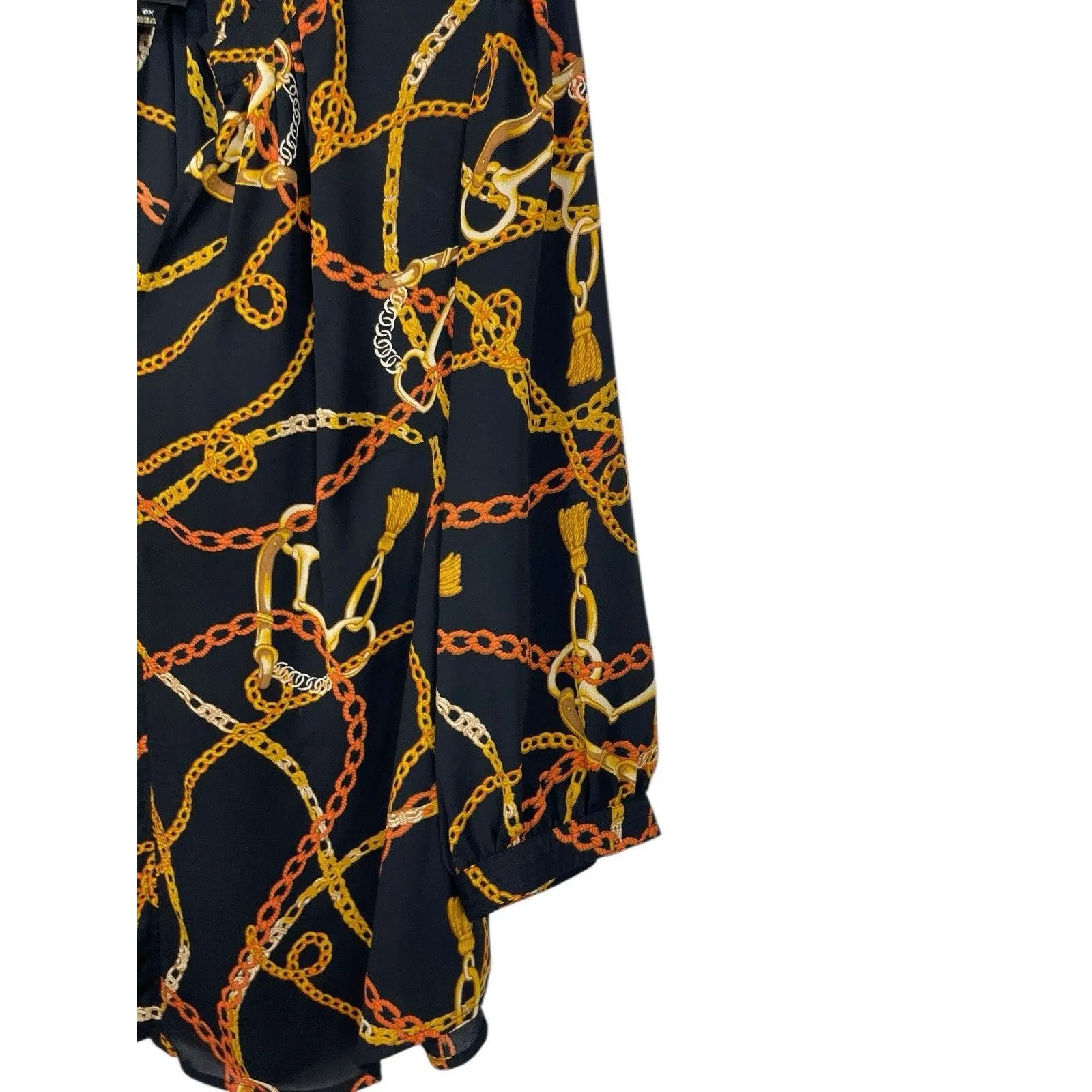 Worthington Woman 0X Black Equestrian Chain Print Tassel Rope Gold Top Sheer - Image 6