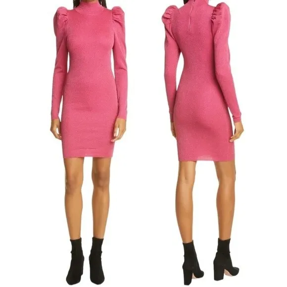 NWT Alice + Olivia Metallic Puff Long Sleeve Sweater Dress Hot Pink Size XL NEW - Image 2