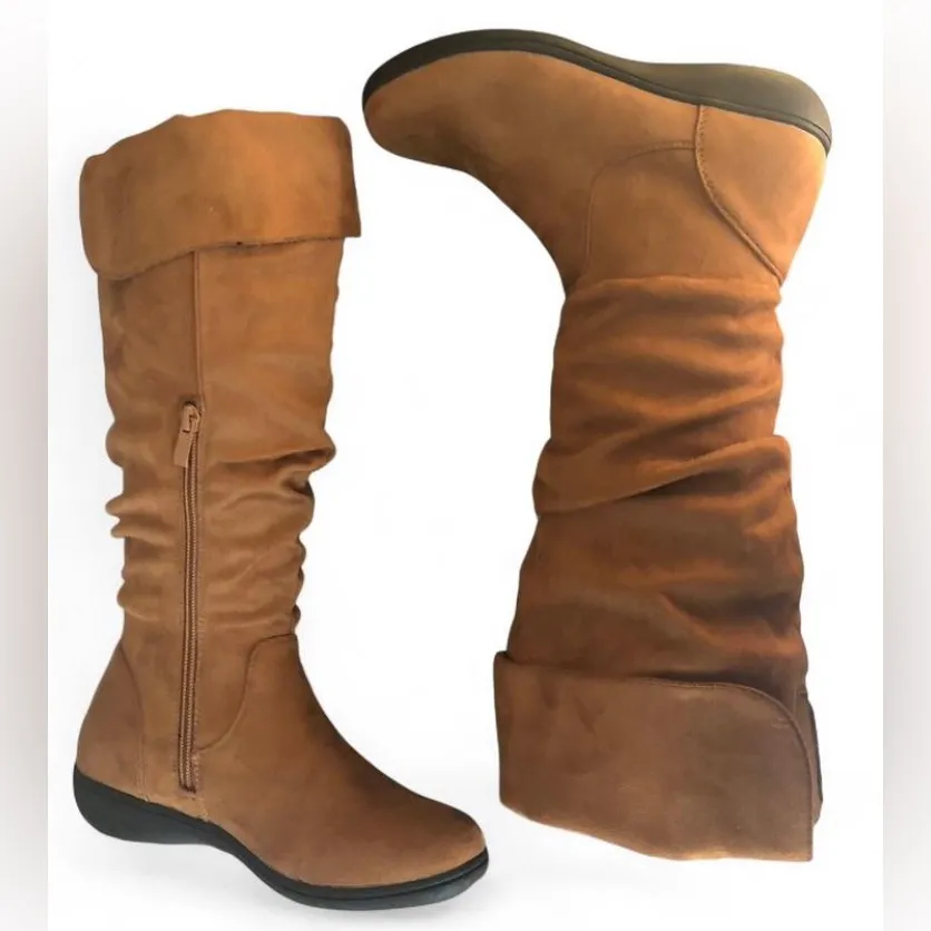 Vepose Women’s Camel Knee High Comfortable Boots Suede Slouch Flat Boots Sz 6. Tan - Image 4