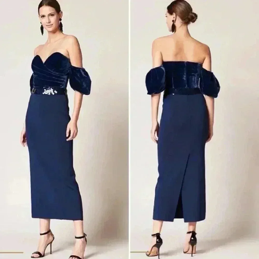 NWOT SACHIN & BABI Off-The-Shoulder Soto Midi Dress Size 6 Blue Sapphire Silk - Image 2