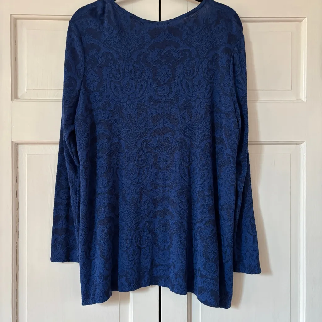 Habitat Blue Navy Blouse Abstract Damask Jacquard Asymmetric Hem Top Boho Artsy - Image 7