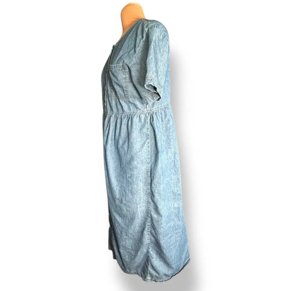 90s Denim Midi Dress USA Made Button Front Short Sleeve Empire Waist Jean Dress Blue Size M - Image 5