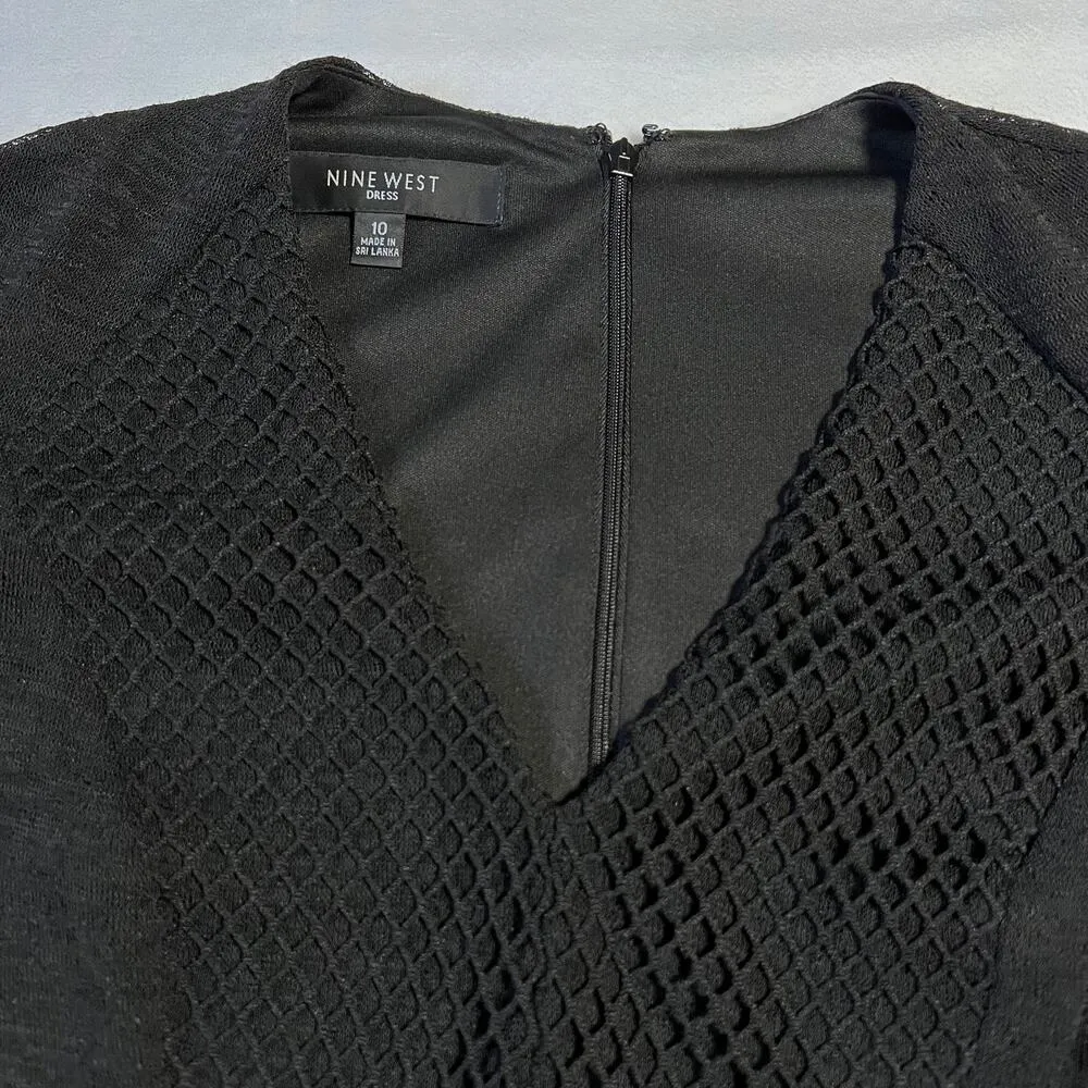 Nine West V-Neck Mesh Trim Faux Leather Panel A-Line Midi Dress Size 10 Witchy - Image 5