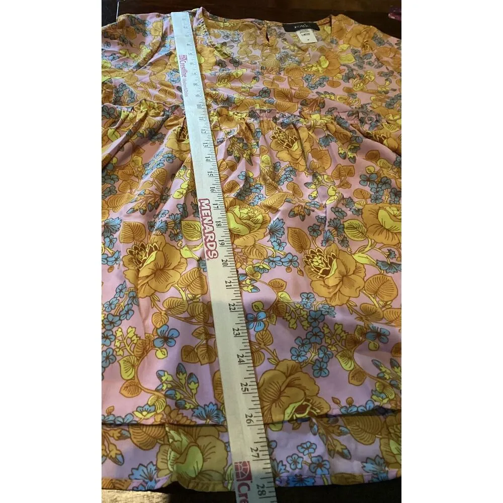Zouk Women's Floral Tunic Shirt Medium Hi Low Ruffles Pink Orange Blue Festival - Image 6