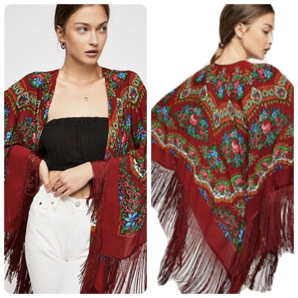 Free People Harvest Moon Butterfly‎ Floral Kimono Fringed Boho Folk Art One Size - Image 2