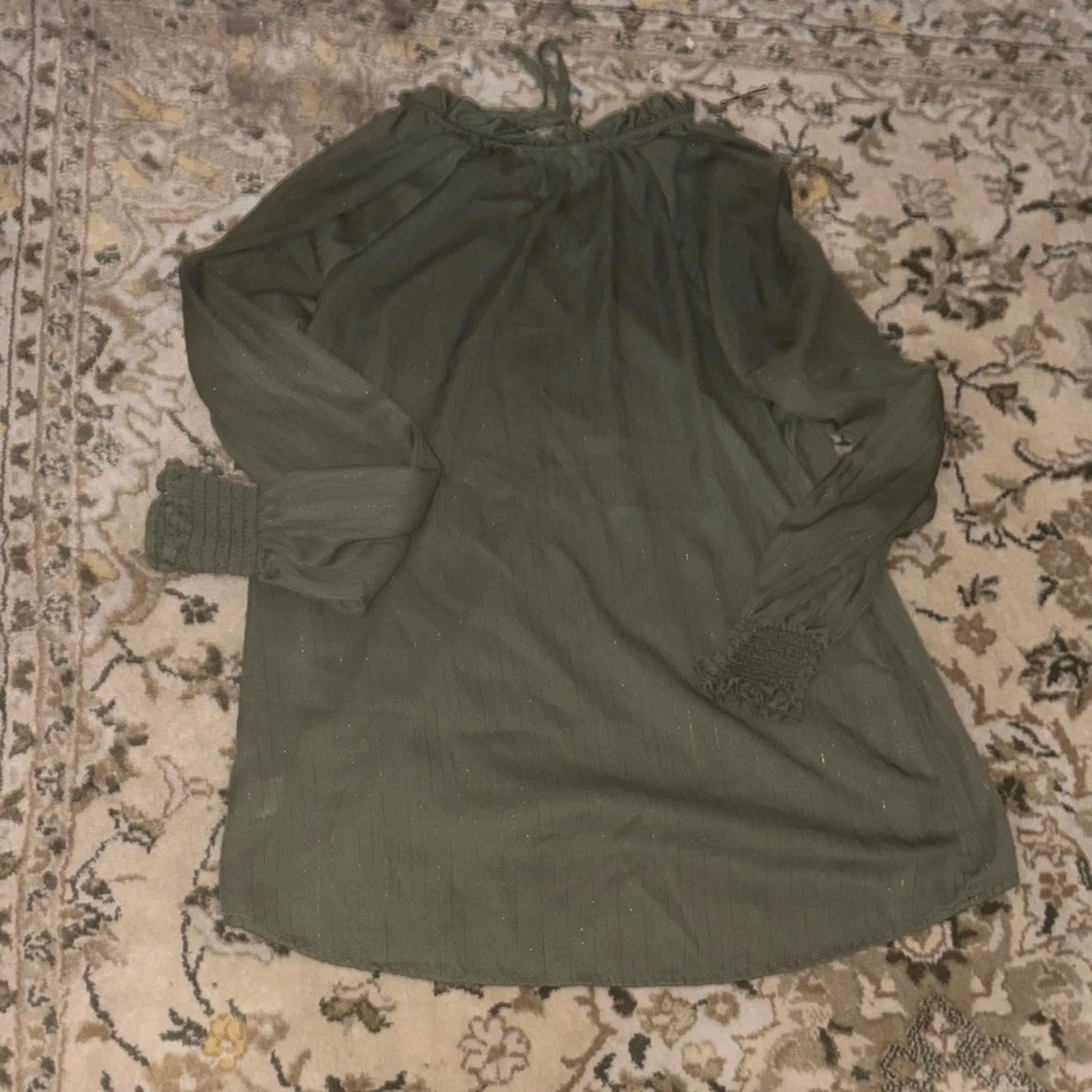 FLAW Dark Olive Green semi Sheer Peasant Long Sleeve BlouseTunic Metallic Stripe Size M - Image 5