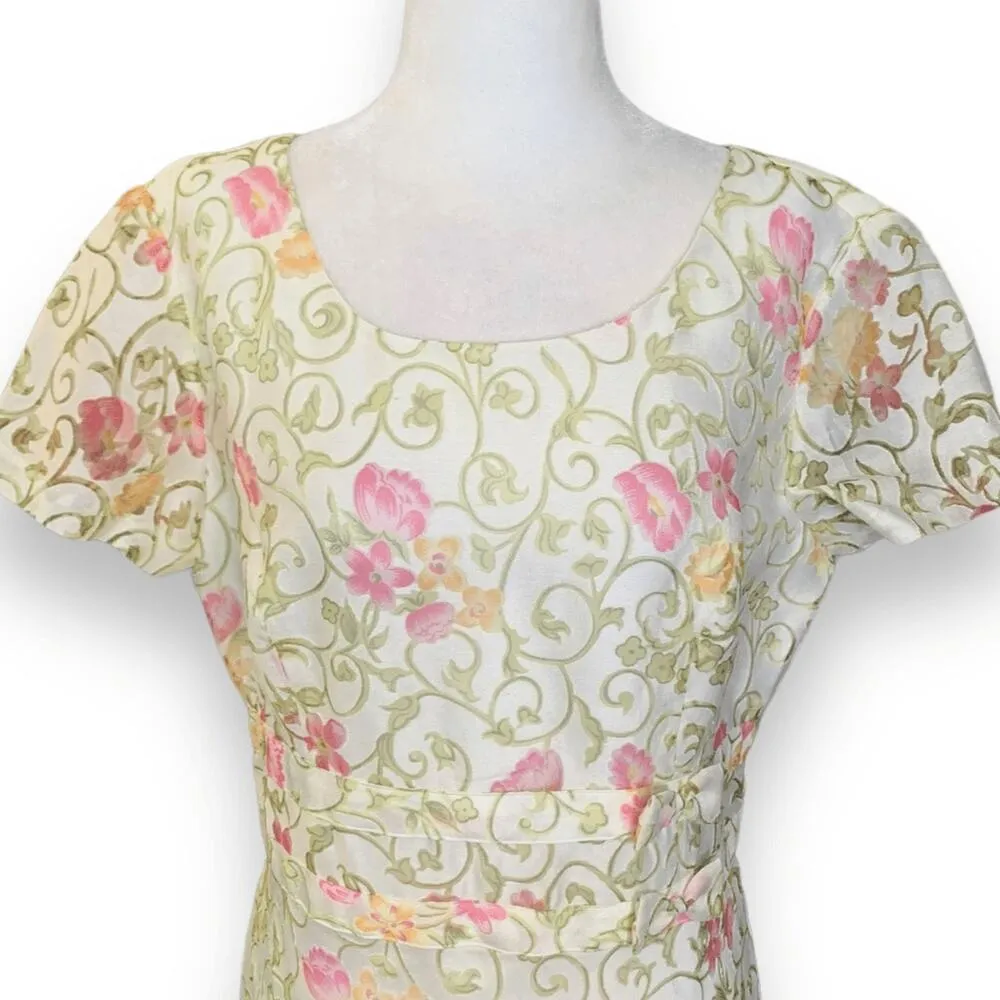 Vintage 90s Lennie New York Floral Brocade Dress Bow Detail Column Maxi Wedding Green Size 8 - Image 6