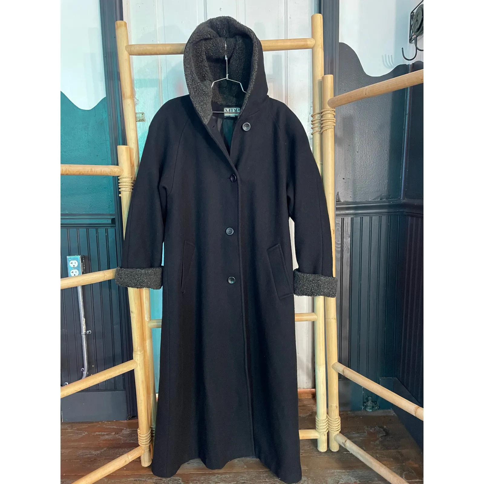 MDP Mario De Pinto Long Wool Maxi Coat Hooded Black USA Made Faux Fur Trim Size XL - Image 6