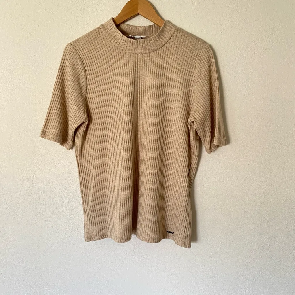Calvin Klein Ribbed Mock Neck Short Sleeve Sweater Beige NWT Women's Size Large - Image 3